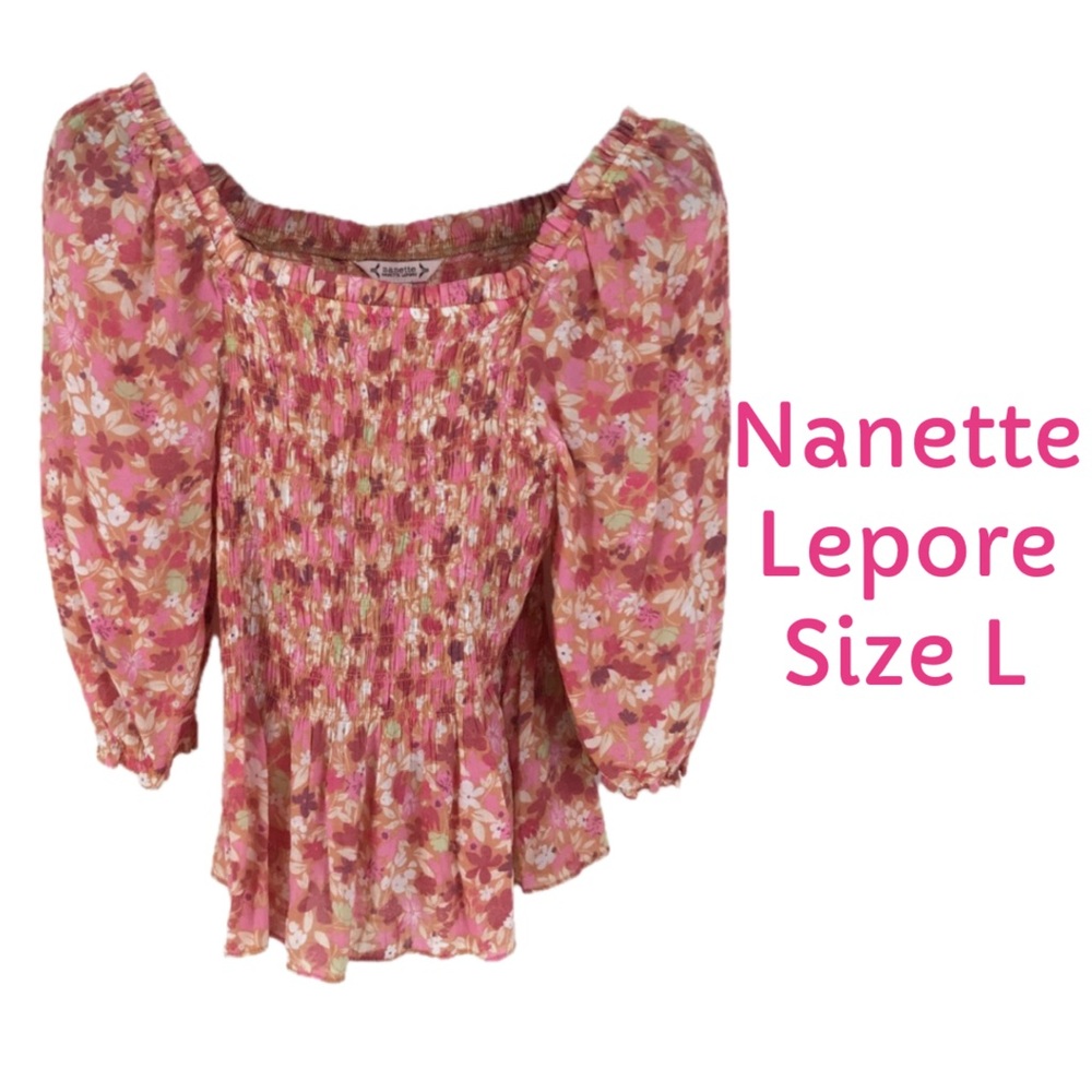 Nanette Lepore Pink Puff Sleeve Smocked Peplum Blouse Size L - Picture 3 of 10